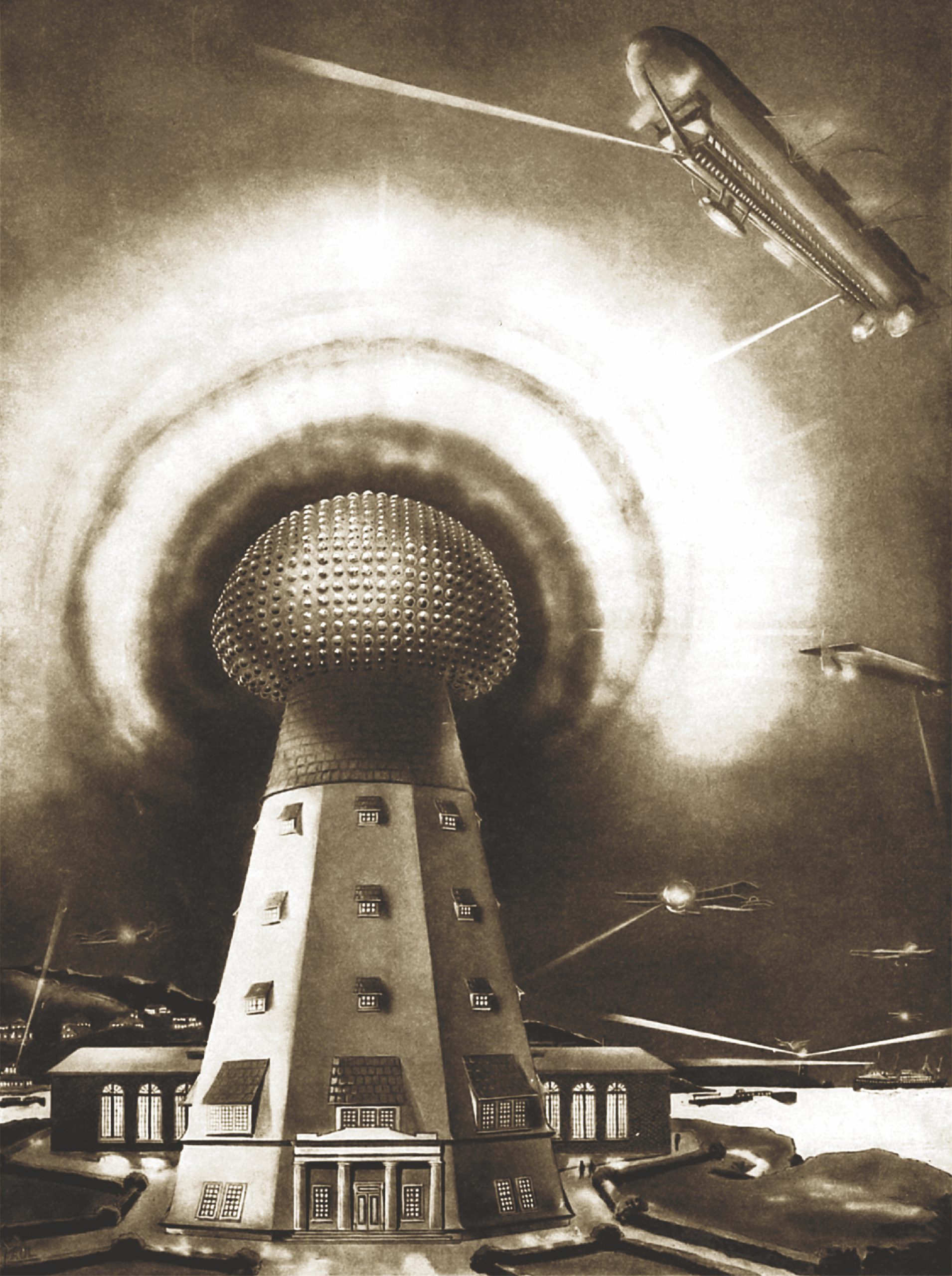 Ilustracija iz časopisa koja ilustruje kako bi izgledao Teslin toranj na Long Ajlendu po završetku izgradnje
